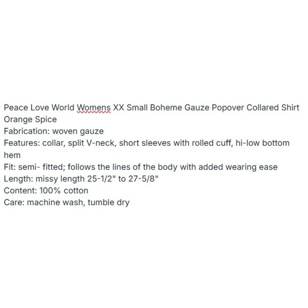 Peace Love World Womens XXS Boheme Gauze Popover Shirt Orange Spice Cotton Top - Picture 4 of 4